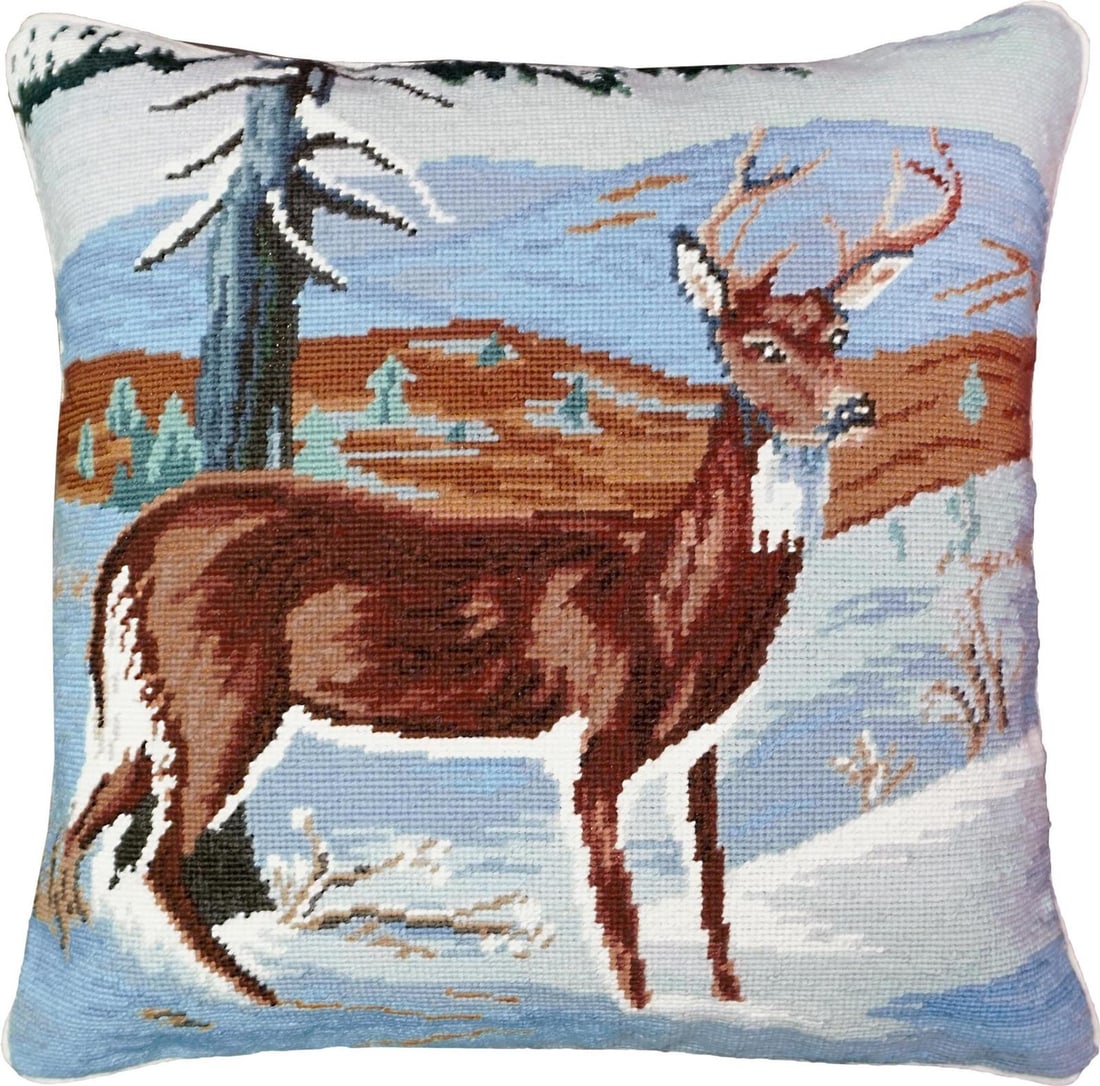 Handcrafted Winter Deer Needlepoint Pillow Cotton Velvet Back (1 of 1)