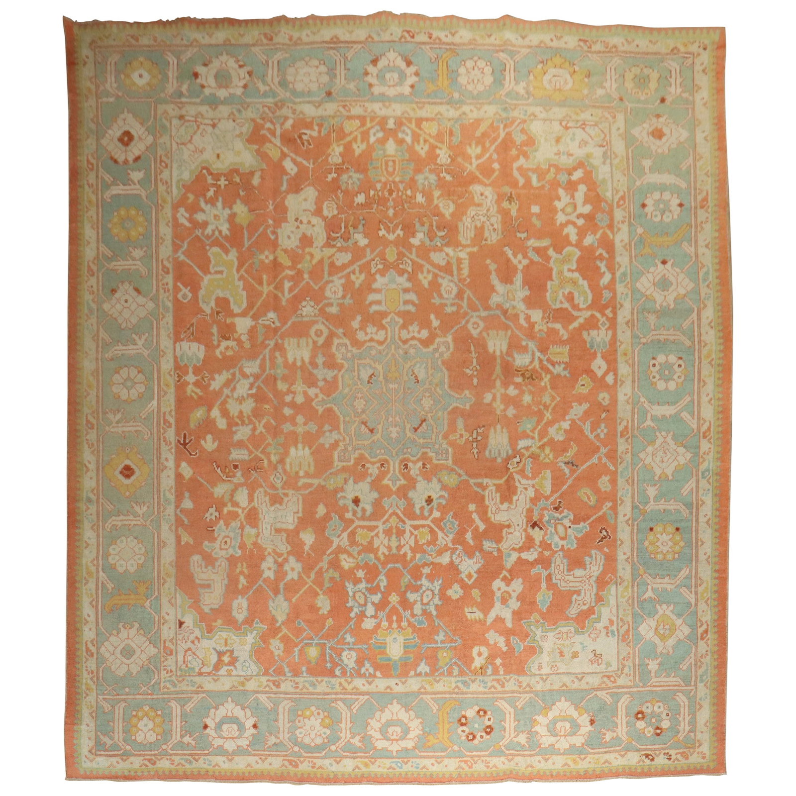 Large Antique Oushak Rug Orange Hand-Woven Wool 11'7" x 15'6" Turkey: Large Antique Oushak Rug Orange Hand-Woven Wool 11'7" x 15'6" Turkey Discover the beauty of this large antique Oushak rug, featuring a stunning orange field that adds warmth to any space. Hand-woven f