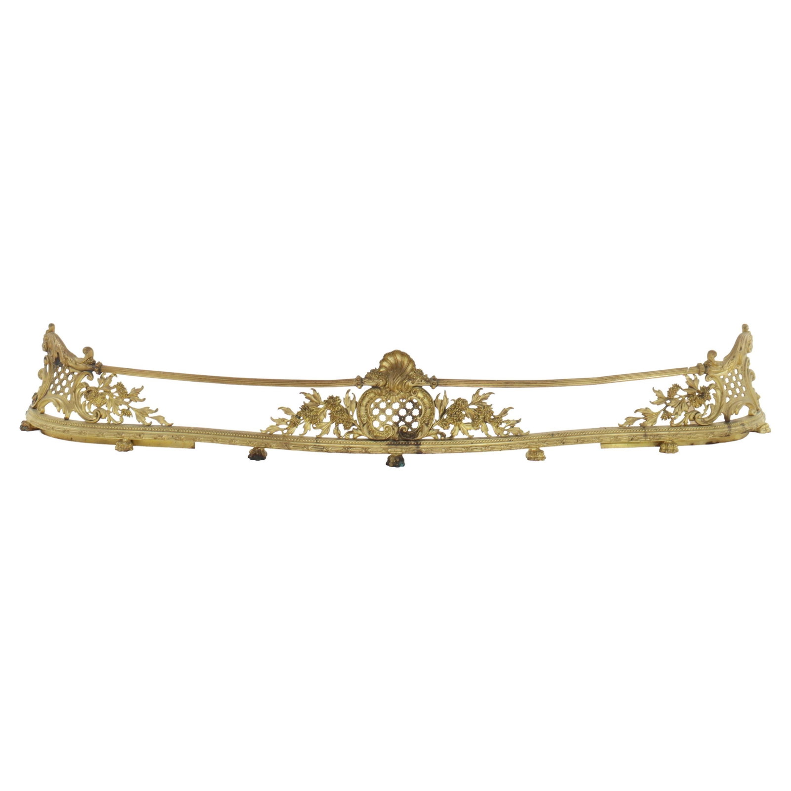 19th Century French Gilt Bronze Louis XVI Style Large Fireplace Fender: 19th Century French Gilt Bronze Louis XVI Style Large Fireplace Fender This oversized antique French Louis XVI fireplace fender from the 19th century features a gilt cast bronze construction. The desi