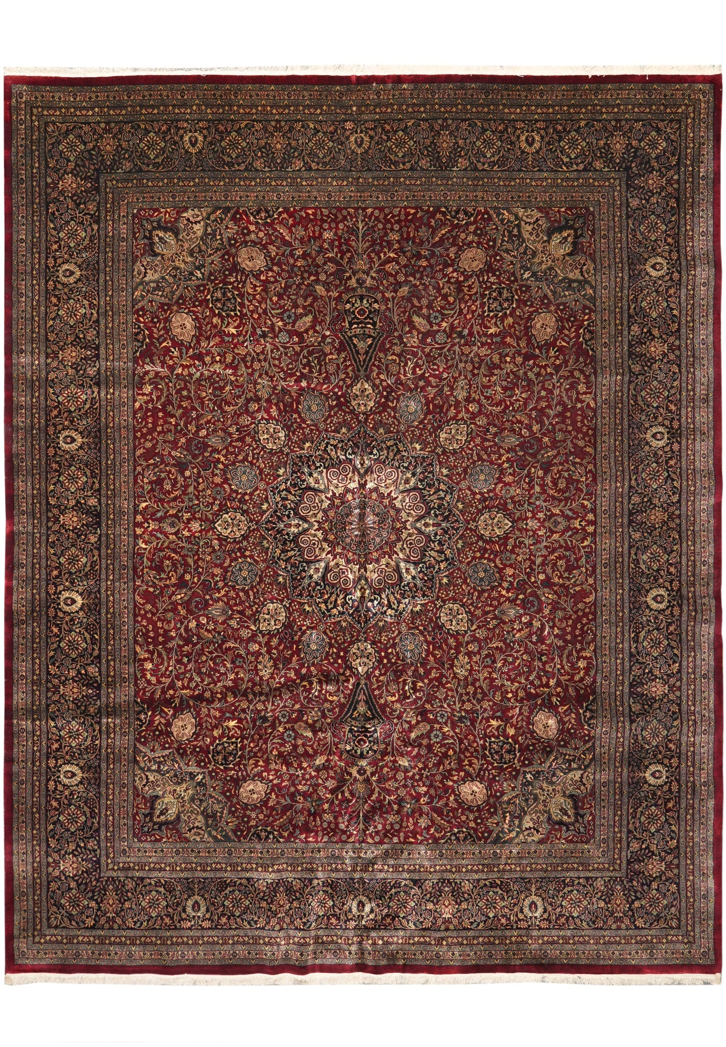 11.9 x 14.7 Handmade Kerman Rug Silky Wool Red Green Iran: 11.9 x 14.7 Handmade Kerman Rug Silky Wool Red Green Iran Free continental US Shipping This semi-antique handmade Kerman rug from Iran features a spacious open field design with rich red tones and int