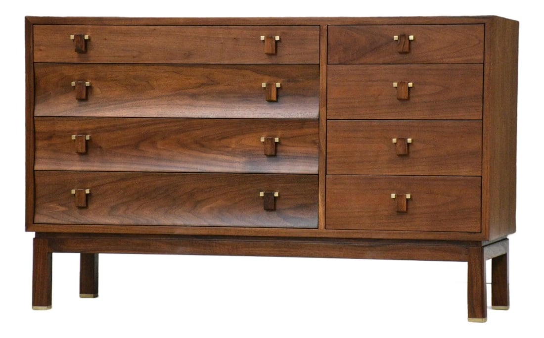 Mid Century Walnut Sideboard by Edward Wormley for Dunbar with Brass Accents: Mid Century Walnut Sideboard by Edward Wormley for Dunbar with Brass Accents This mid-century modern walnut credenza was designed by Edward Wormley for Dunbar in the 1950s. Featuring two doors and six