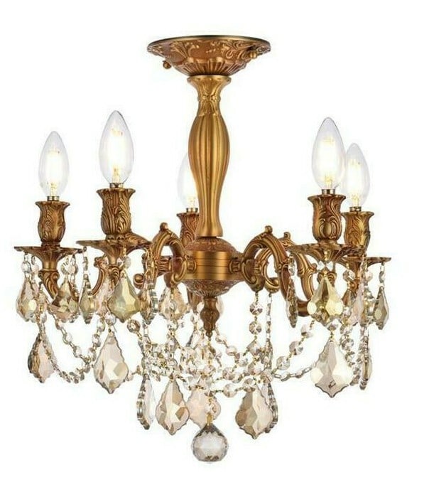 Rosalia 5 Light French Gold Flush Mount Chandelier: Rosalia 5 Light French Gold Flush Mount Chandelier This semi flush mount chandelier features a high-quality French gold finish with a steel frame and is adorned with royal cut golden teak (smoky) crys