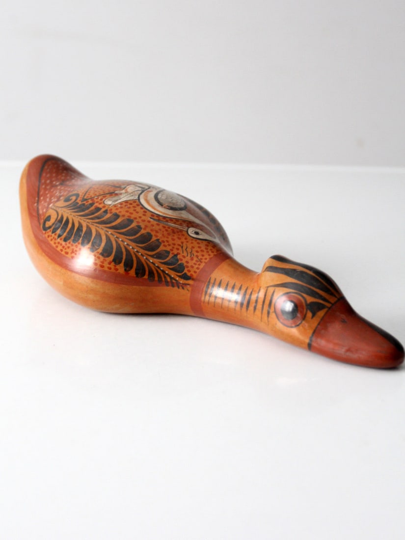Terracotta Tonala Duck Sculpture with Painted Foliate and Bird Motifs (1 of 9)