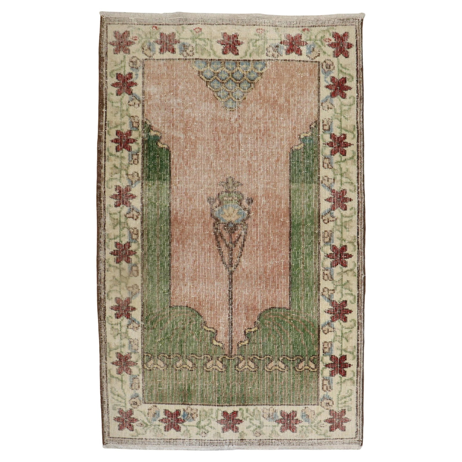 Worn Agra Turkish Prayer Rug Hand-Knotted Wool 34 x 49 in: Worn Agra Turkish Prayer Rug Hand-Knotted Wool 34 x 49 in Explore the beauty of this authentic Turkish Prayer Rug from the Zabihi Collection, showcasing a unique worn character that tells a story of i