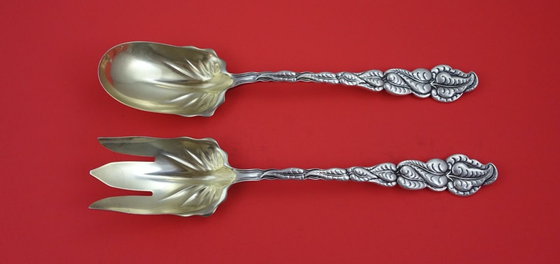 Tiffany and Co Ailanthus Sterling Salad Serving Set Gold Washed 10 1/8 in: Tiffany and Co Ailanthus Sterling Salad Serving Set Gold Washed 10 1/8 in Enhance your dining experience with this exquisite Ailanthus Salad Serving Set by Tiffany and Co. Crafted from high-quality st