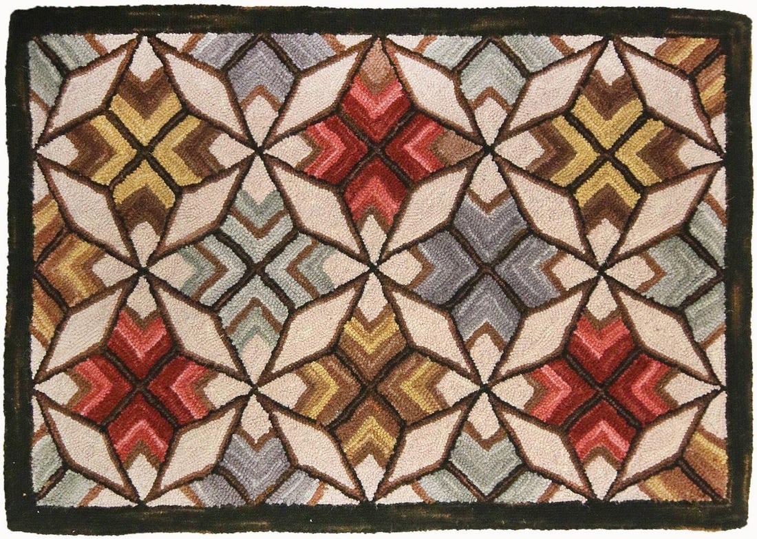 Vibrant Ty Wool Rug 3x5 Cross Diamond Star Design: Vibrant Ty Wool Rug 3x5 Cross Diamond Star Design Add a touch of warmth and charm to your space with this Colorful Ty Wool Rug featuring an intricate quilt design. Crafted from cotton and backed with 