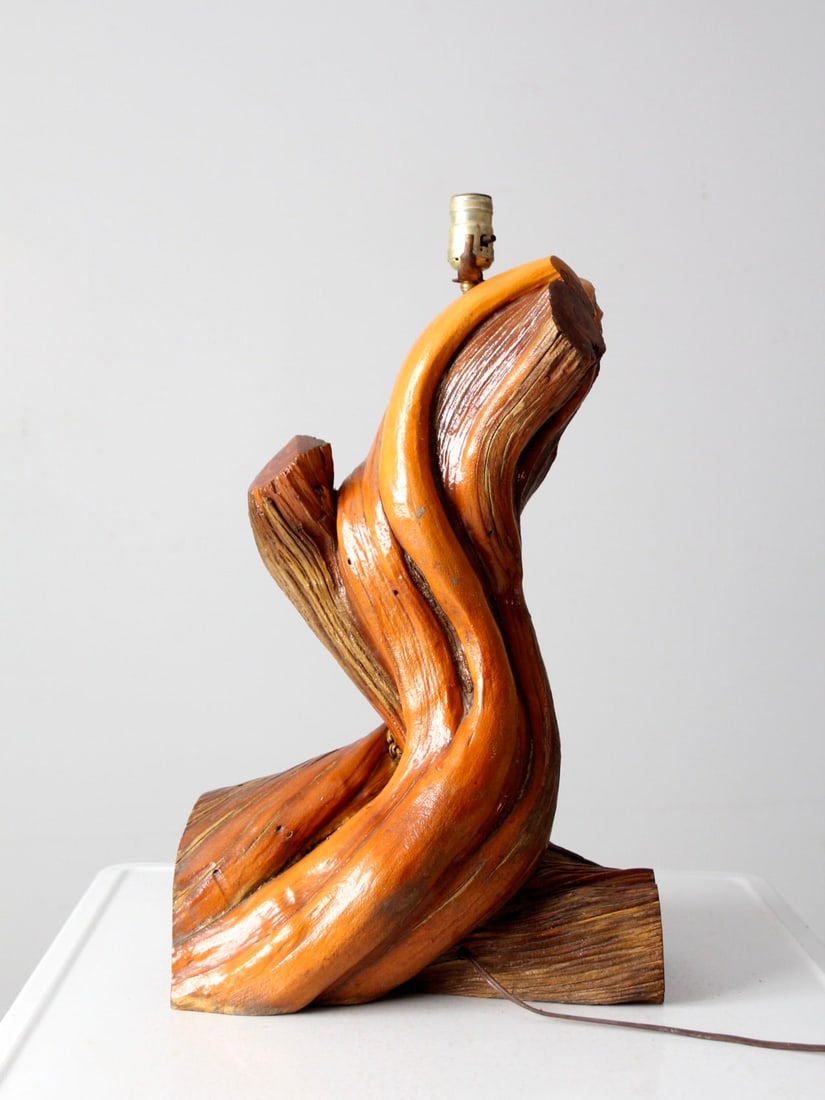 Mid-Century Sculptural Wood Table Lamp Organic Design 22.75 Inch: Mid-Century Sculptural Wood Table Lamp Organic Design 22.75 Inch This mid-century sculptural wood table lamp showcases a beautifully crafted base with flowing, root-like curves and rich natural tones.