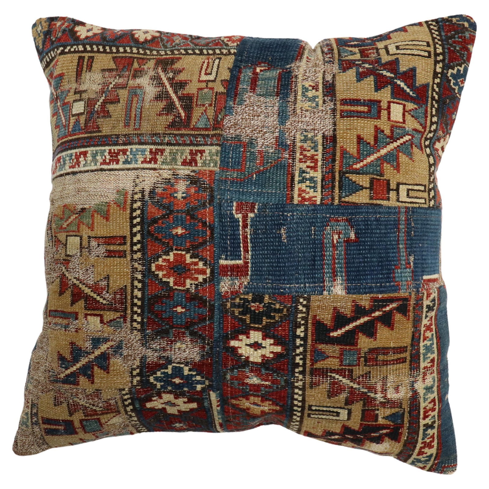 19th Century Caucasian Rug Pillow Futurist Design 18 x 18: 19th Century Caucasian Rug Pillow Futurist Design 18 x 18 This exquisite pillow showcases a patchwork design crafted from a 19th-century Caucasian rug, offering a unique touch of history and artistry 