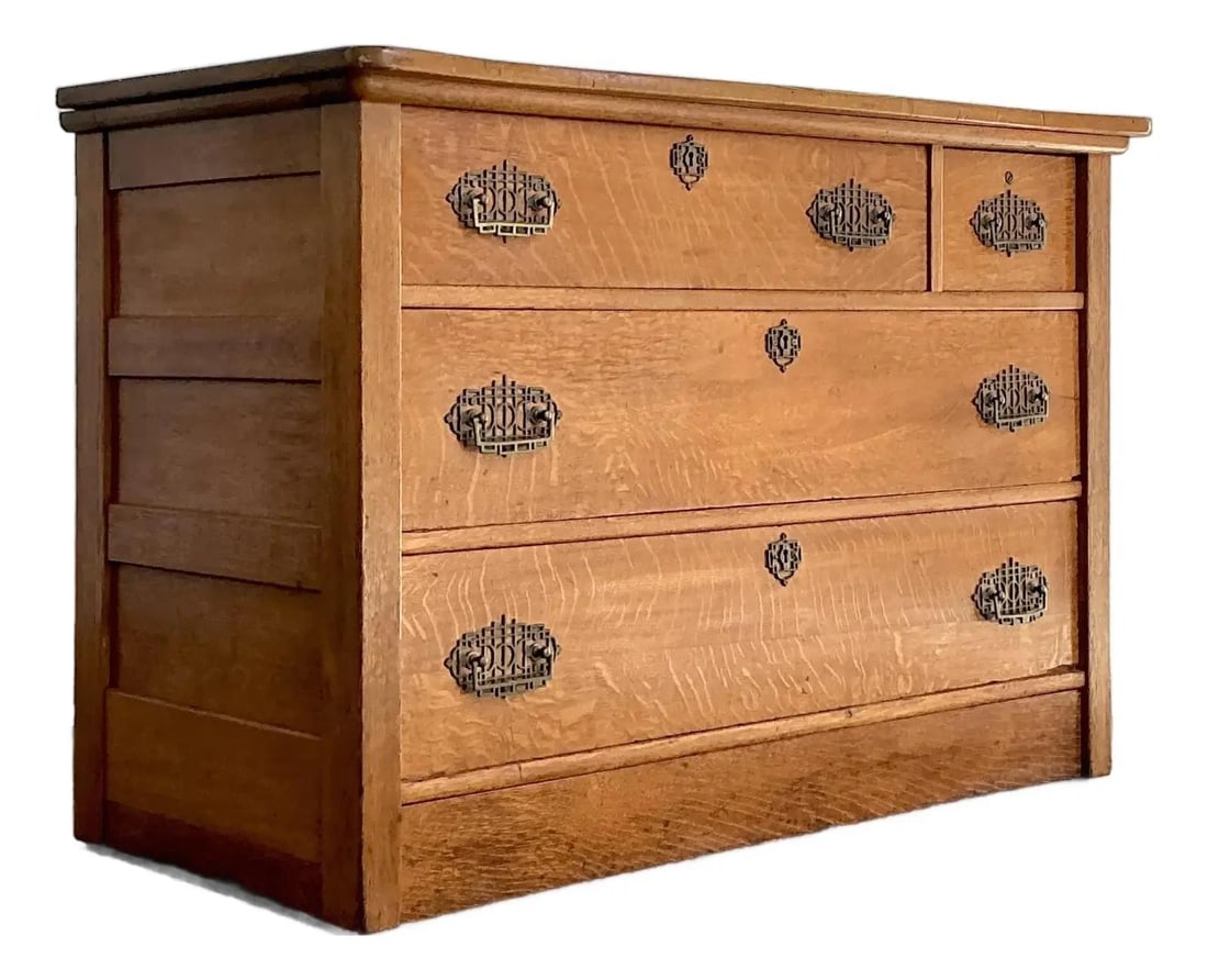 Secret Drawer Oak Dresser 1860s Brass Hardware: Secret Drawer Oak Dresser 1860s Brass Hardware This antique chest of drawers from the 1860s is expertly crafted from quarter-sawn "tiger" oak, renowned for its striking medullary rays and rich, honey-