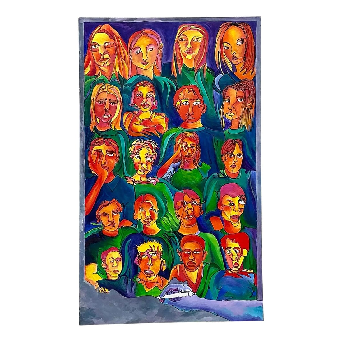 Original Abstract Bohemian Portrait Painting on Canvas with Vibrant Colors: Original Abstract Bohemian Portrait Painting on Canvas with Vibrant Colors This vintage boho artwork features original abstract portraits on canvas, showcasing a series of bold and colorful faces. Eac