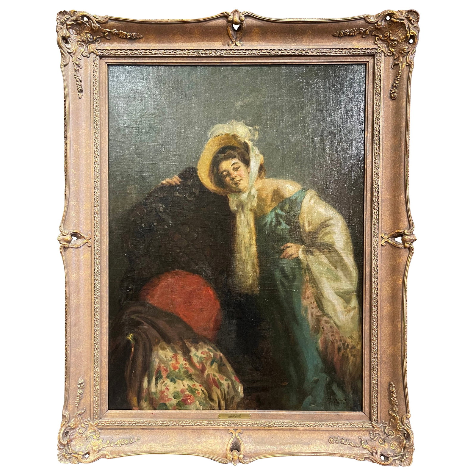 Art Nouveau Oil Painting by Vilmos Nagy Portrait of a Girl in Hat: Art Nouveau Oil Painting by Vilmos Nagy Portrait of a Girl in Hat This exquisite early 20th-century oil painting, titled "Portrait of a Girl in a Hat," showcases the elegance of the Art Nouveau period