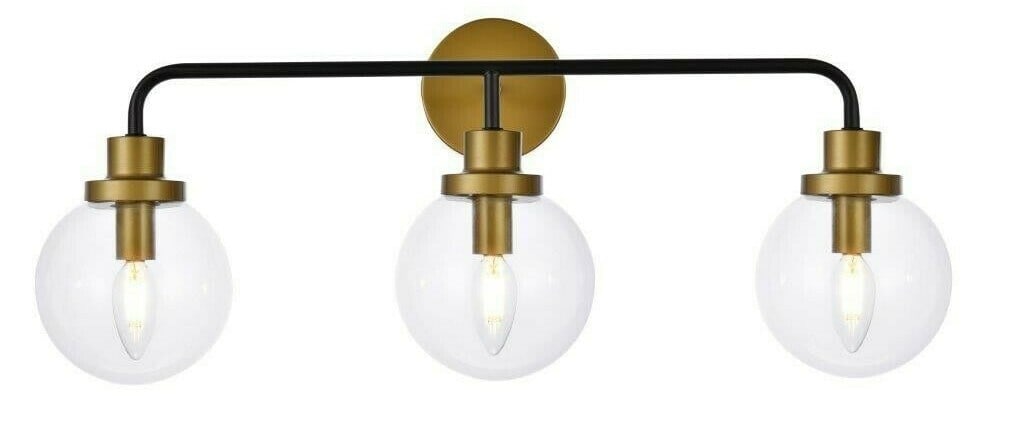 Hanson 3 Light Black Brass Wall Sconce with Clear Glass Shades: Hanson 3 Light Black Brass Wall Sconce with Clear Glass Shades This modern wall sconce features a black and brass metal construction with clear glass shades, offering a stylish lighting solution for v