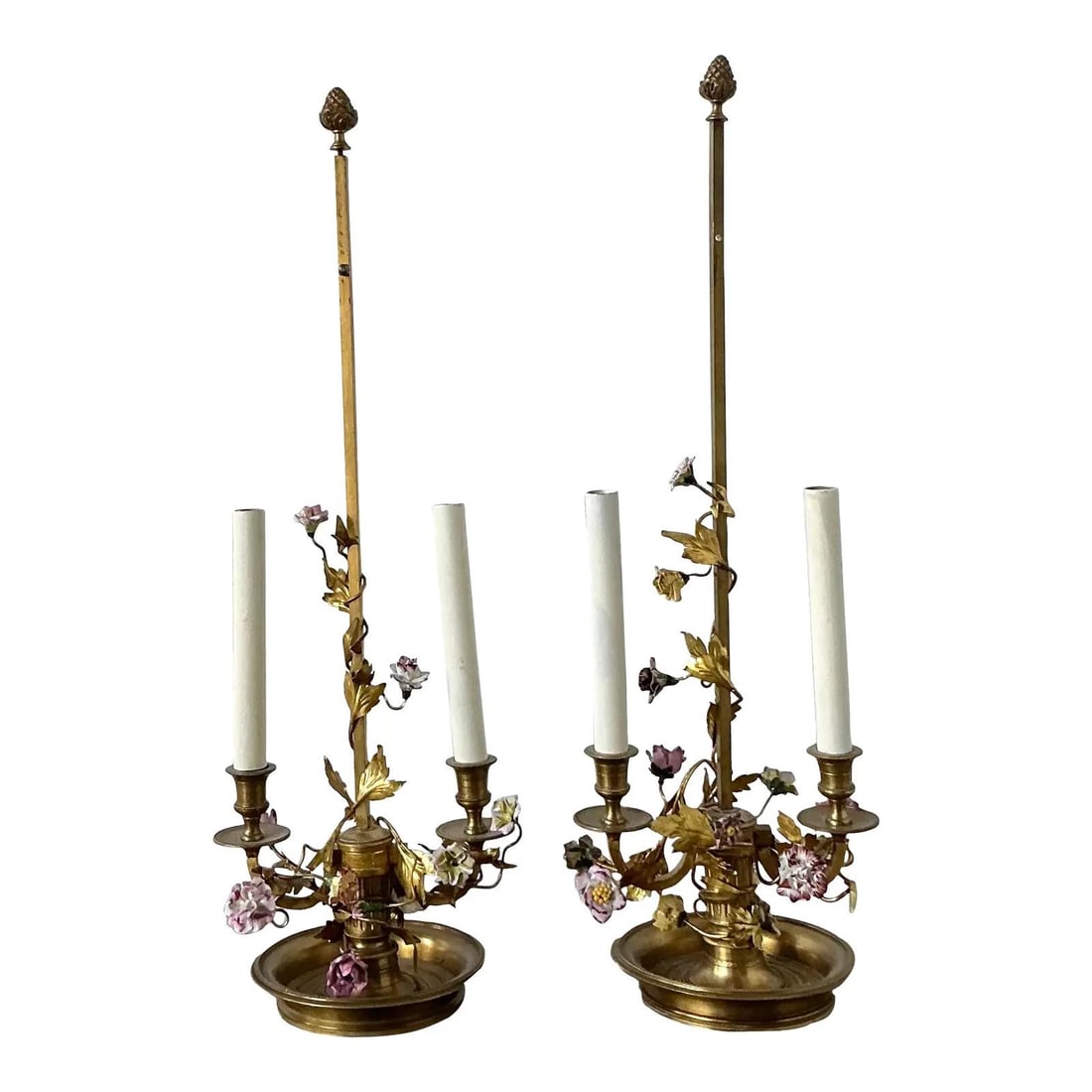 Pair of Regency Style Brass and Porcelain Rose Candelabra Lamps: Pair of Regency Style Brass and Porcelain Rose Candelabra Lamps This pair of vintage French Regency-style lamps features hand-painted porcelain roses in shades of lavender, rose, and cream, gracefully