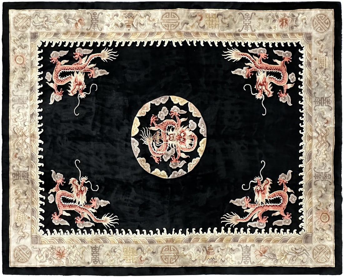 Antique Chinese Art Deco Wool Dragon Rug 9x12 Black: Antique Chinese Art Deco Wool Dragon Rug 9x12 Black This vintage Chinese Art Deco rug from the early 20th century features a striking black background with symmetrically arranged dragon motifs, symbol