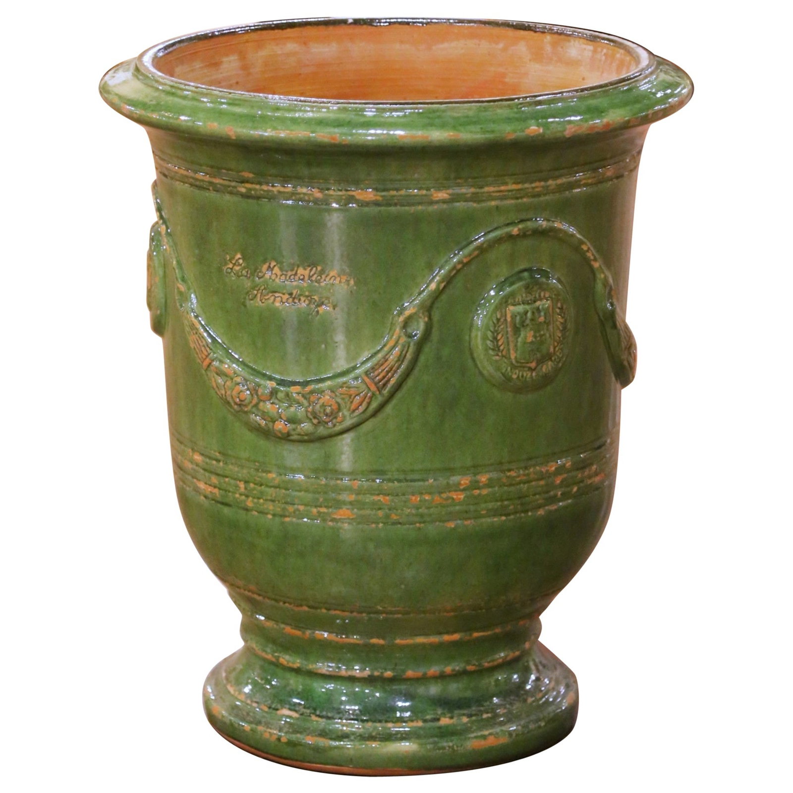 Neoclassical Anduze Terracotta Planter Green Glazed French Campana Jardiniere: Neoclassical Anduze Terracotta Planter Green Glazed French Campana Jardiniere This elegant French Anduze planter is handcrafted from terracotta and richly glazed in an emerald green finish, showcasing