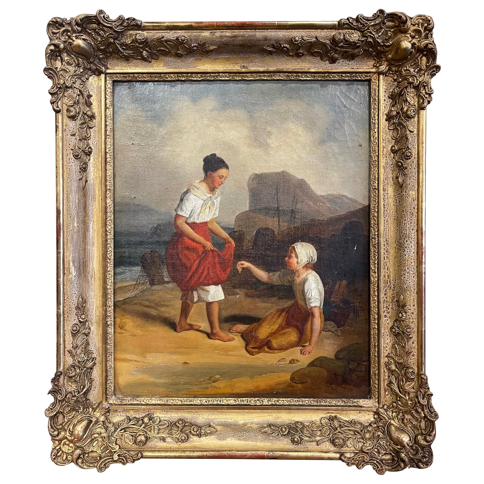 Charming Early 19th Century French Oil Painting Mother Daughter Seaside: Charming Early 19th Century French Oil Painting Mother Daughter Seaside This exquisite early 19th-century French coastal genre painting, crafted circa 1830, beautifully captures a serene moment betwee