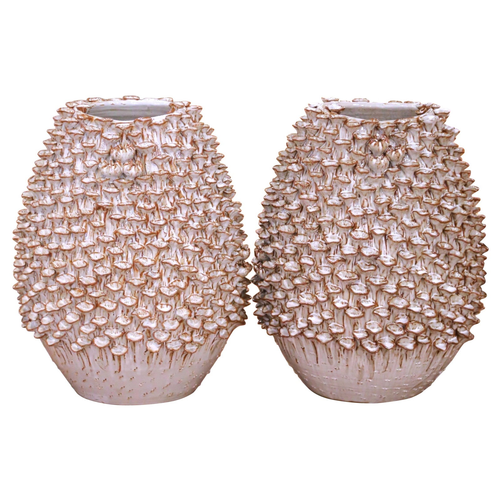 Set of Two French Handcrafted Ceramic Vases with Organic Mushroom Motifs: Set of Two French Handcrafted Ceramic Vases with Organic Mushroom Motifs This pair of contemporary French ceramic vases, crafted circa 2010, features hand-built construction with dense barbotine relie
