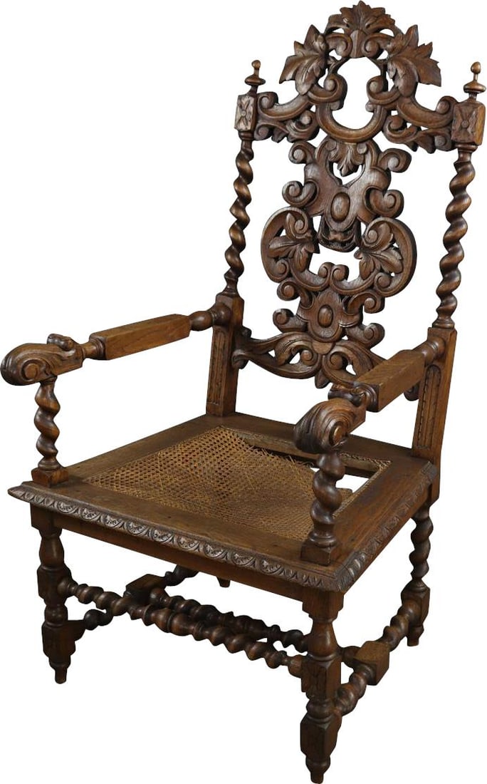 1880 Majestic Antique French Hunting Style Arm Chair: 1880 Majestic Antique French Hunting Style Arm Chair Presenting a majestic 1880 Antique French Arm Chair, a stunning example of French Hunting Style. This exquisite throne features a solid oak frame c