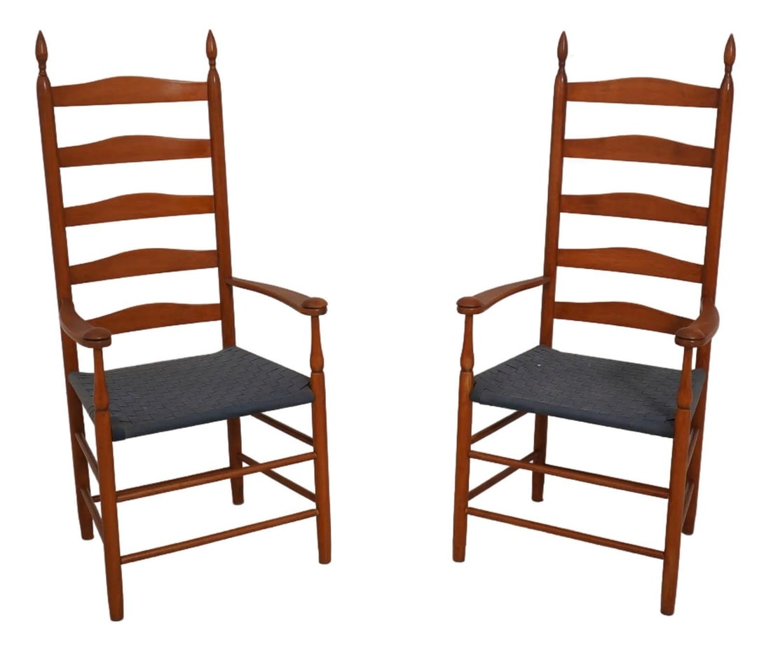 Shaker Style Solid Cherry Wood Armchairs Pair: Shaker Style Solid Cherry Wood Armchairs Pair This stunning pair of Shaker style armchairs showcases a classic design and solid cherry wood construction, making them a timeless addition to any dining 