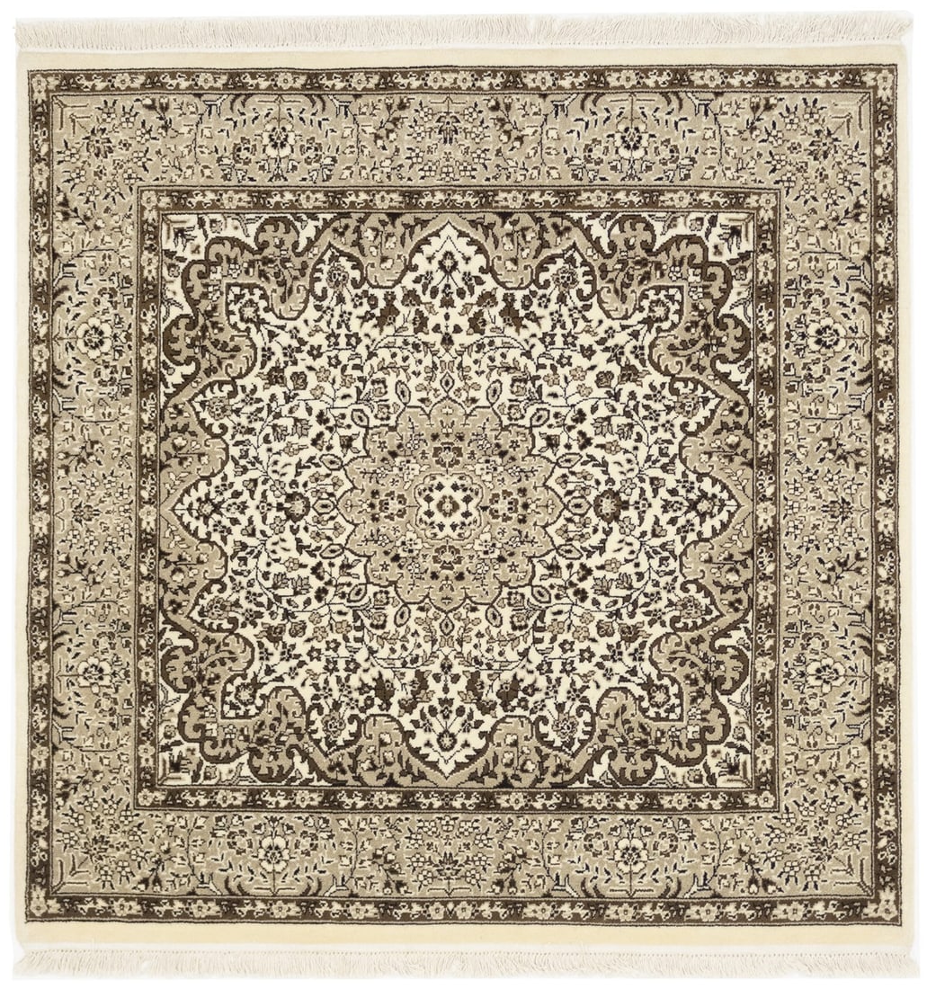 Hand-Knotted Floral Kirman Square Wool Rug 5'0 x 5'0 Eco Friendly: Hand-Knotted Floral Kirman Square Wool Rug 5'0 x 5'0 Eco Friendly Enhance your living space with this exquisite Hand-Knotted Plush Kirman Square Rug, featuring a beautiful floral design. Measuring 5'0