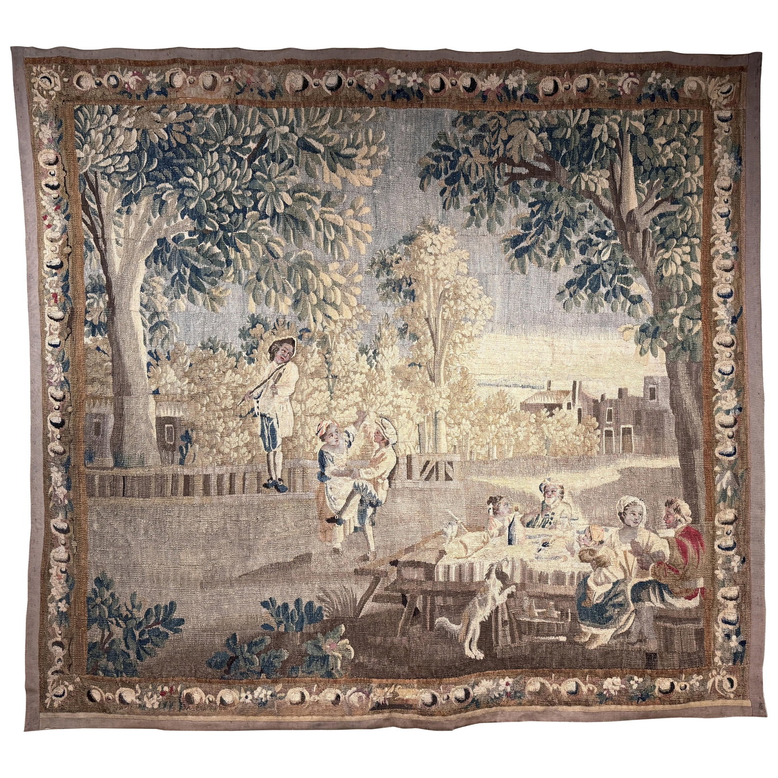 Large Aubusson Tapestry Pastoral Scene After Teniers France Circa 1740: Large Aubusson Tapestry Pastoral Scene After Teniers France Circa 1740 This impressive mid-18th century Aubusson tapestry, titled "The Pastoral Meal," was meticulously handwoven in France around 1740-