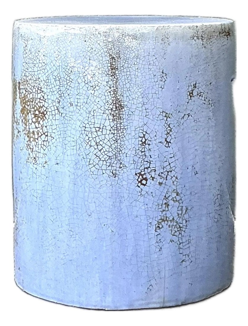Ceramic Drum Stool With Grey Crackle Glaze Vintage Boho Accent (1 of 6)