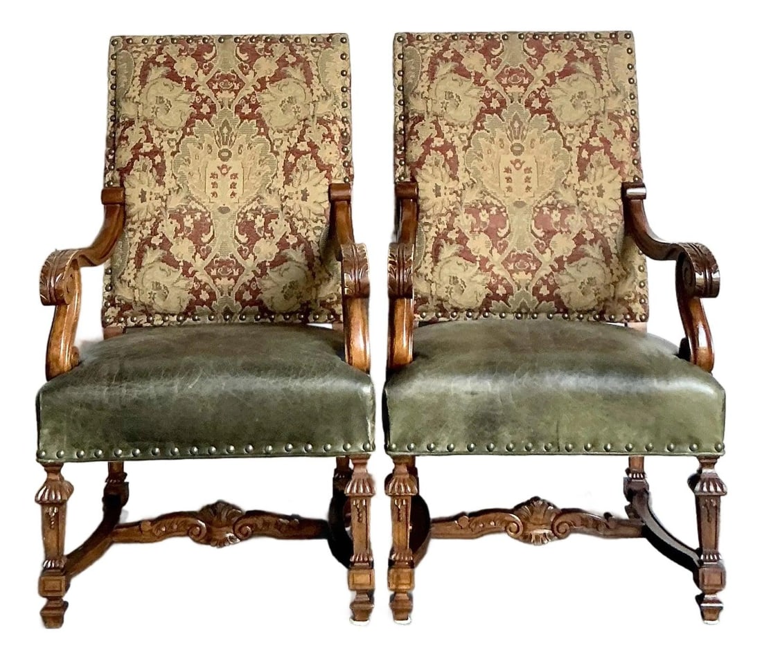 Pair of High-Back Lillian August Throne Style Armchairs With Green Leather and Tapestry (1 of 10)