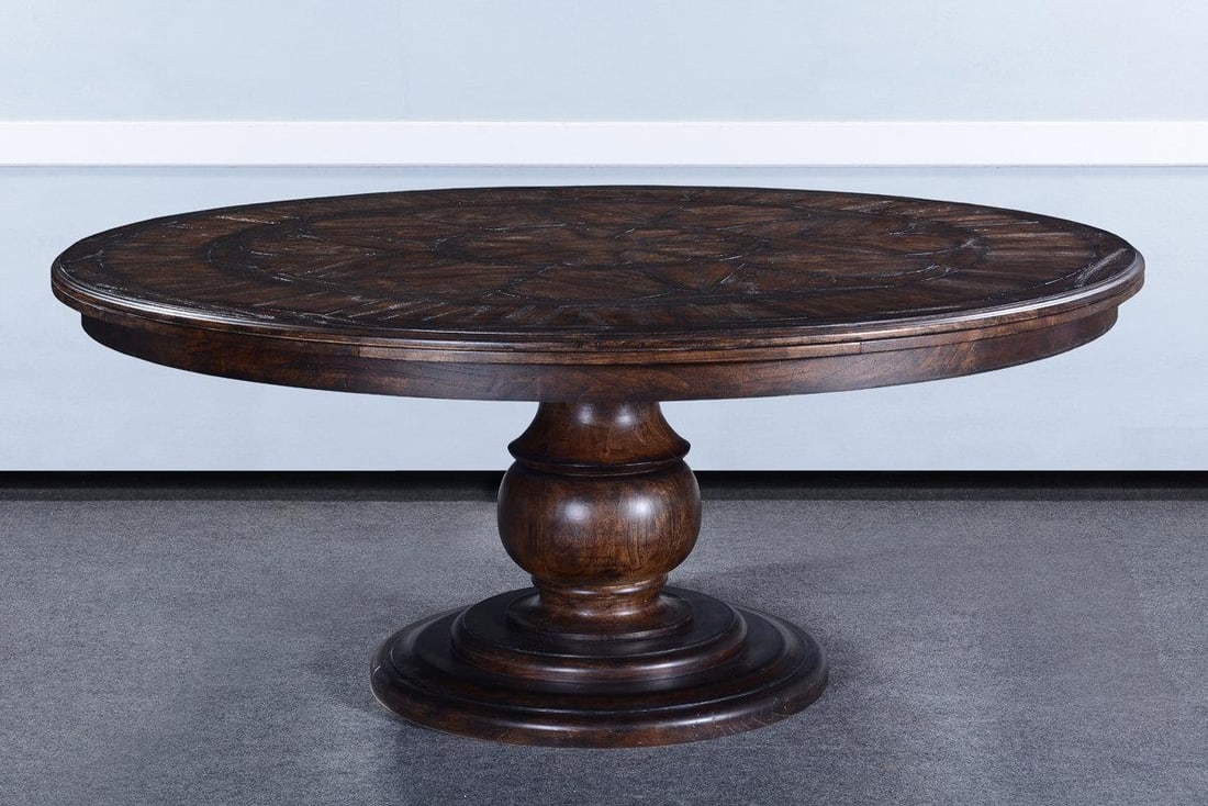 Old World Style 72 Inch Round Dining Table in Antiqued Walnut: Old World Style 72 Inch Round Dining Table in Antiqued Walnut Elevate your dining experience with this exquisite Old World Style 72-Inch Dining Table. Crafted from solid wood and finished in a rich an