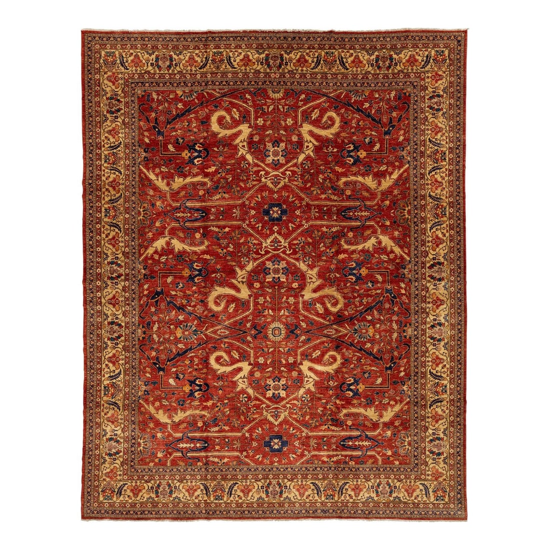 Vibrant Red Wool Serapi-Style Rug with Floral Design 12'1 x 15'4: Vibrant Red Wool Serapi-Style Rug with Floral Design 12'1 x 15'4 Transform your living space with this exquisite Modern Red Serapi-Style Wool Rug. This room-sized rug features a contemporary interpret