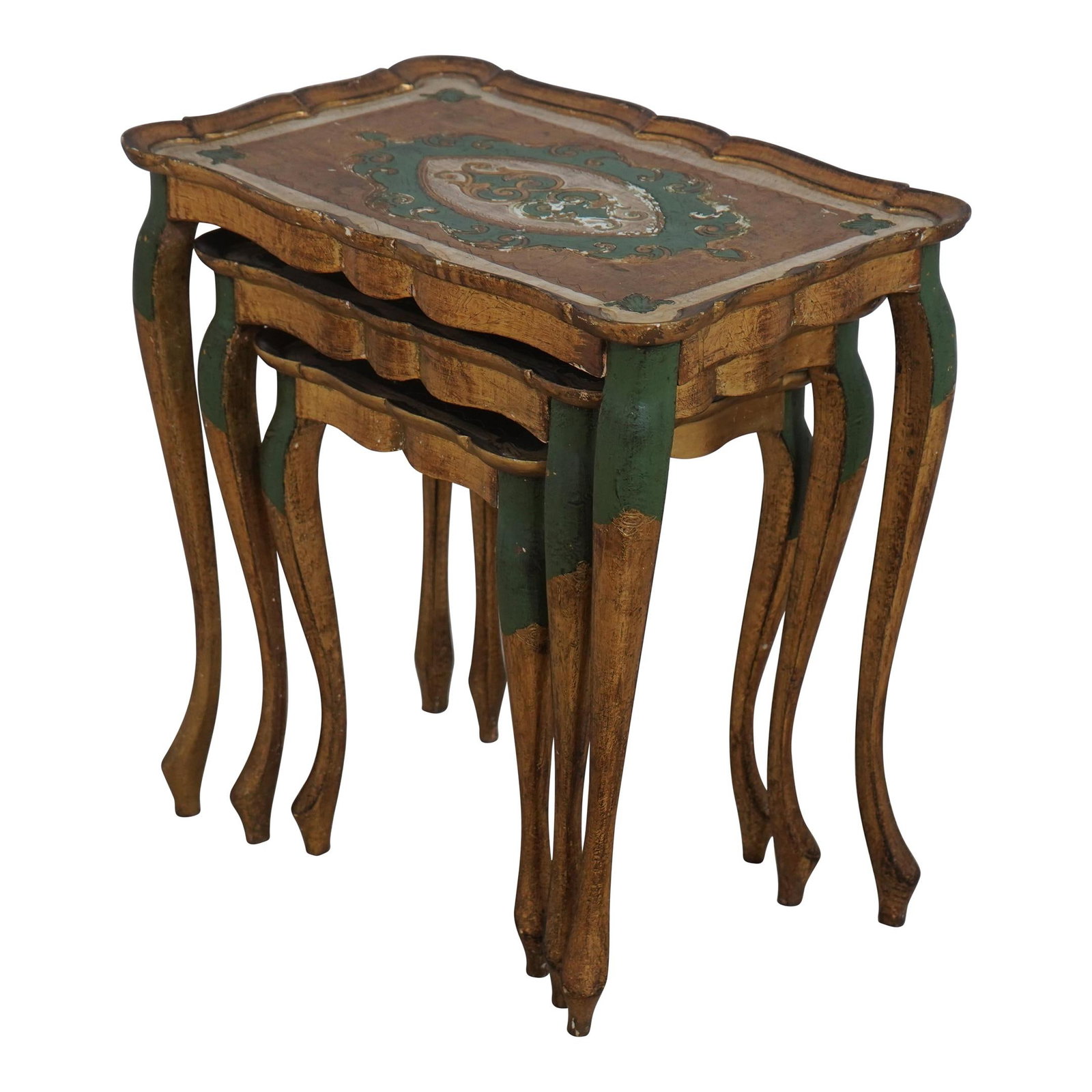 Vintage Italian Venetian Nesting Tables with Distressed Gold Finish: Vintage Italian Venetian Nesting Tables with Distressed Gold Finish This beautiful set of Italian Venetian paint decorated stacking nest tables is approximately 50 years old, featuring a charming dist