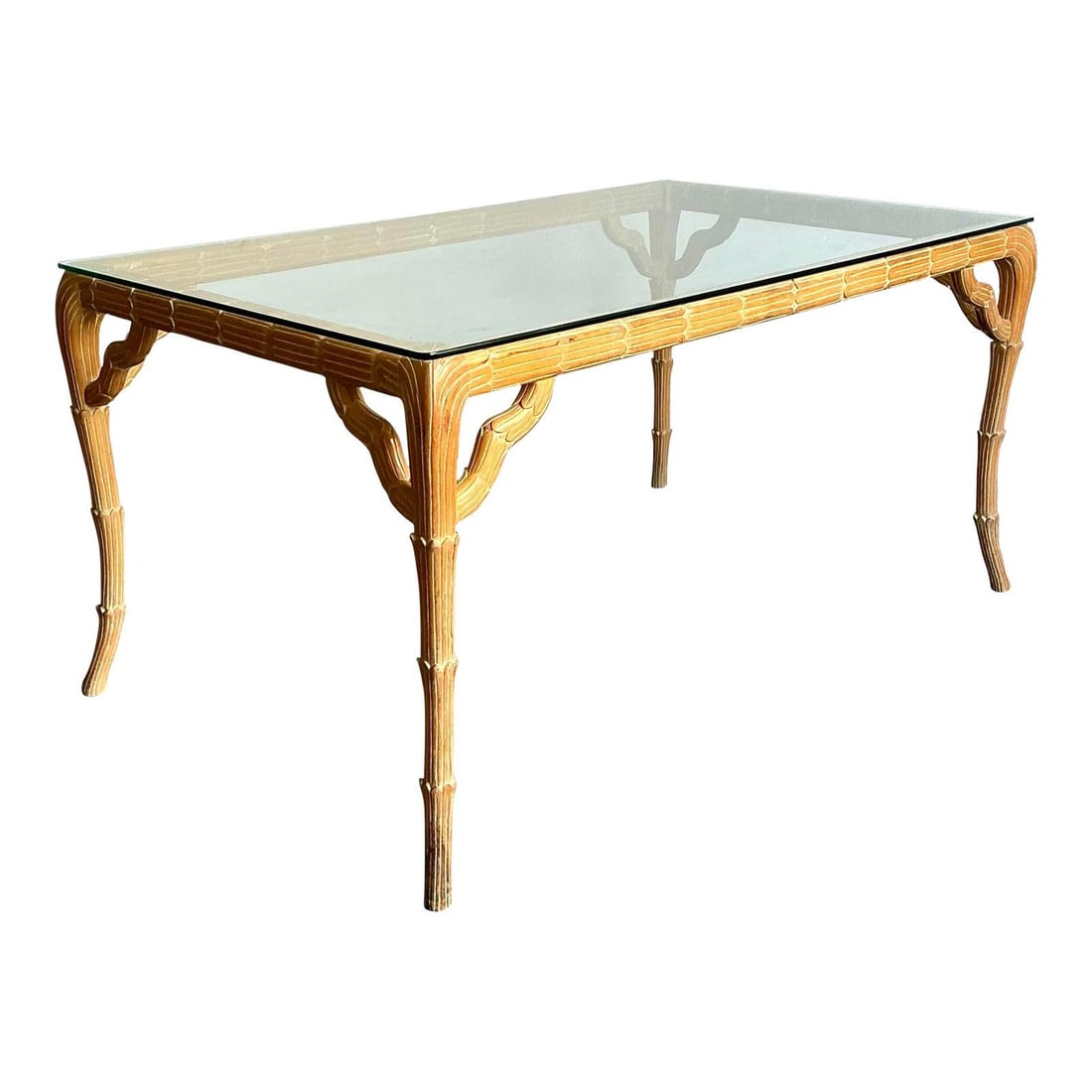 Hand-Carved Laurel Leaf Botanical Wood and Glass Dining Table 60.5 Inch: Hand-Carved Laurel Leaf Botanical Wood and Glass Dining Table 60.5 Inch This vintage dining table features a hand-carved wood frame inspired by laurel leaves and bamboo, with sculptural legs and apron