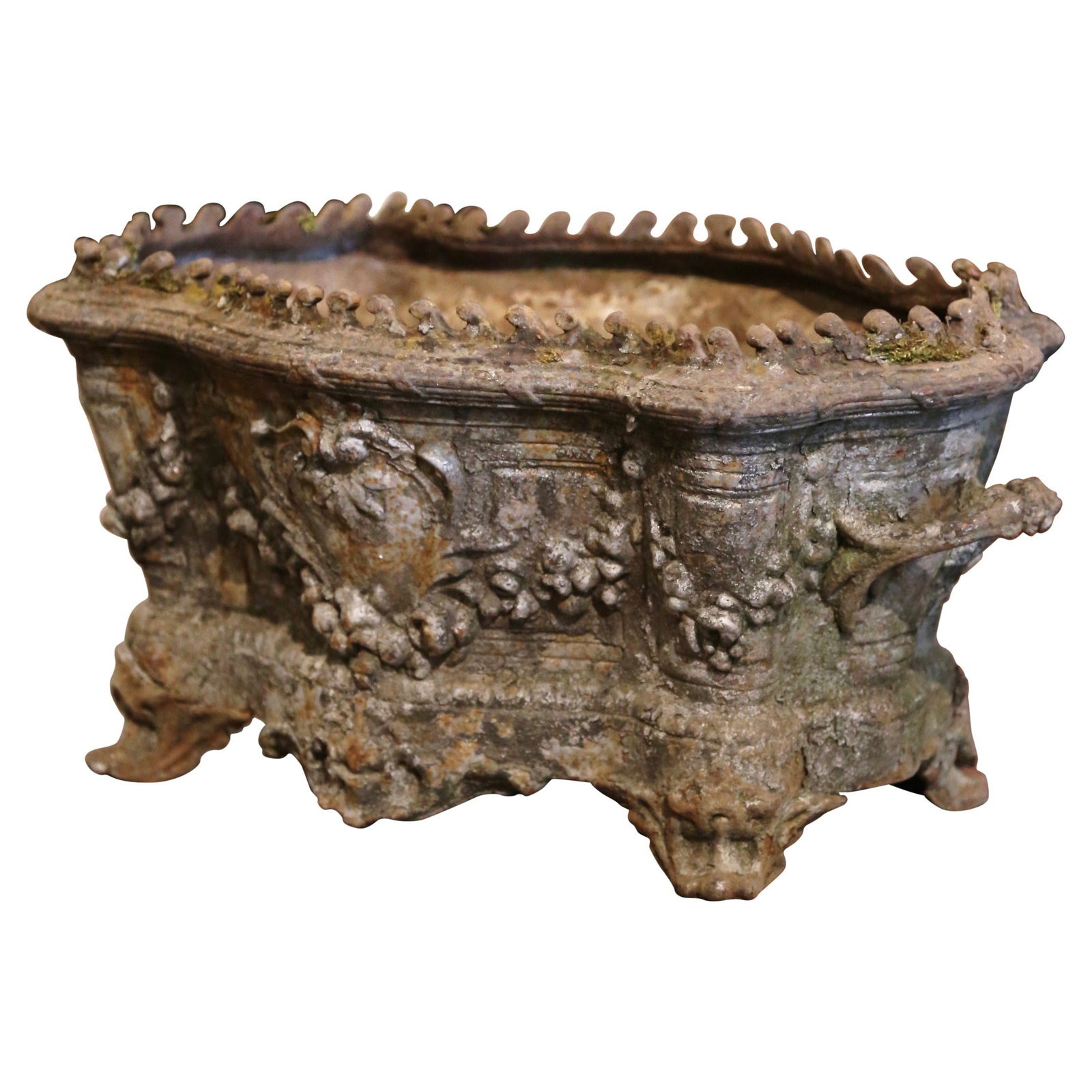 19th Century French Rococo Iron Jardiniere with Weathered Patina: 19th Century French Rococo Iron Jardiniere with Weathered Patina Enhance your garden or terrace with this exquisite 19th Century French Rococo cast iron jardiniere, showcasing timeless elegance and ar