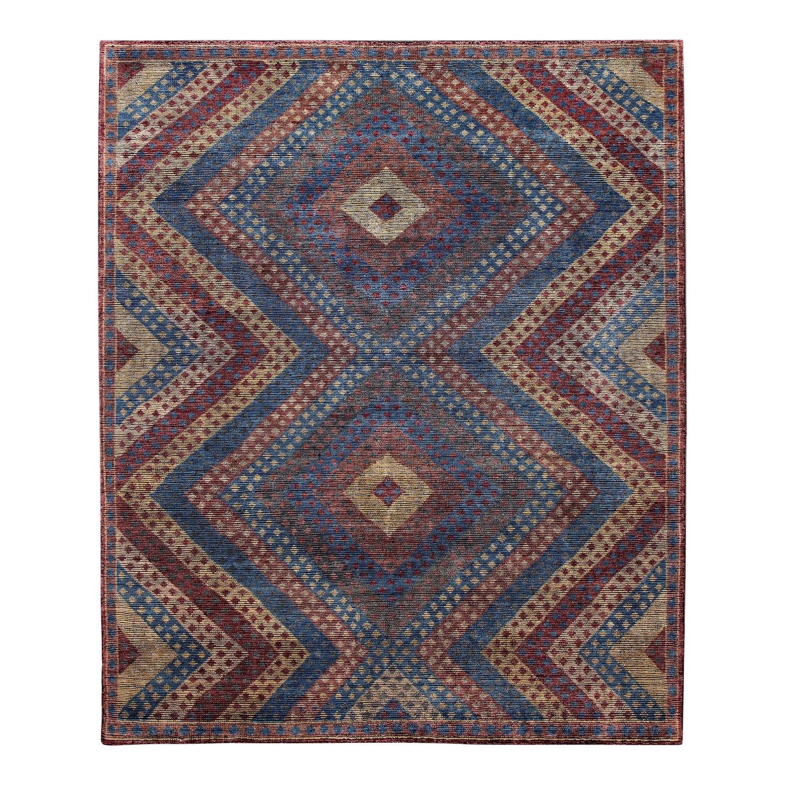 Hand-Knotted Soumak Style Wool Rug 8'2 x 9'10 Multicolor Zigzag Design: Hand-Knotted Soumak Style Wool Rug 8'2 x 9'10 Multicolor Zigzag Design Enhance your space with this stunning contemporary Soumak style rug, featuring a distressed design that adds character to any roo