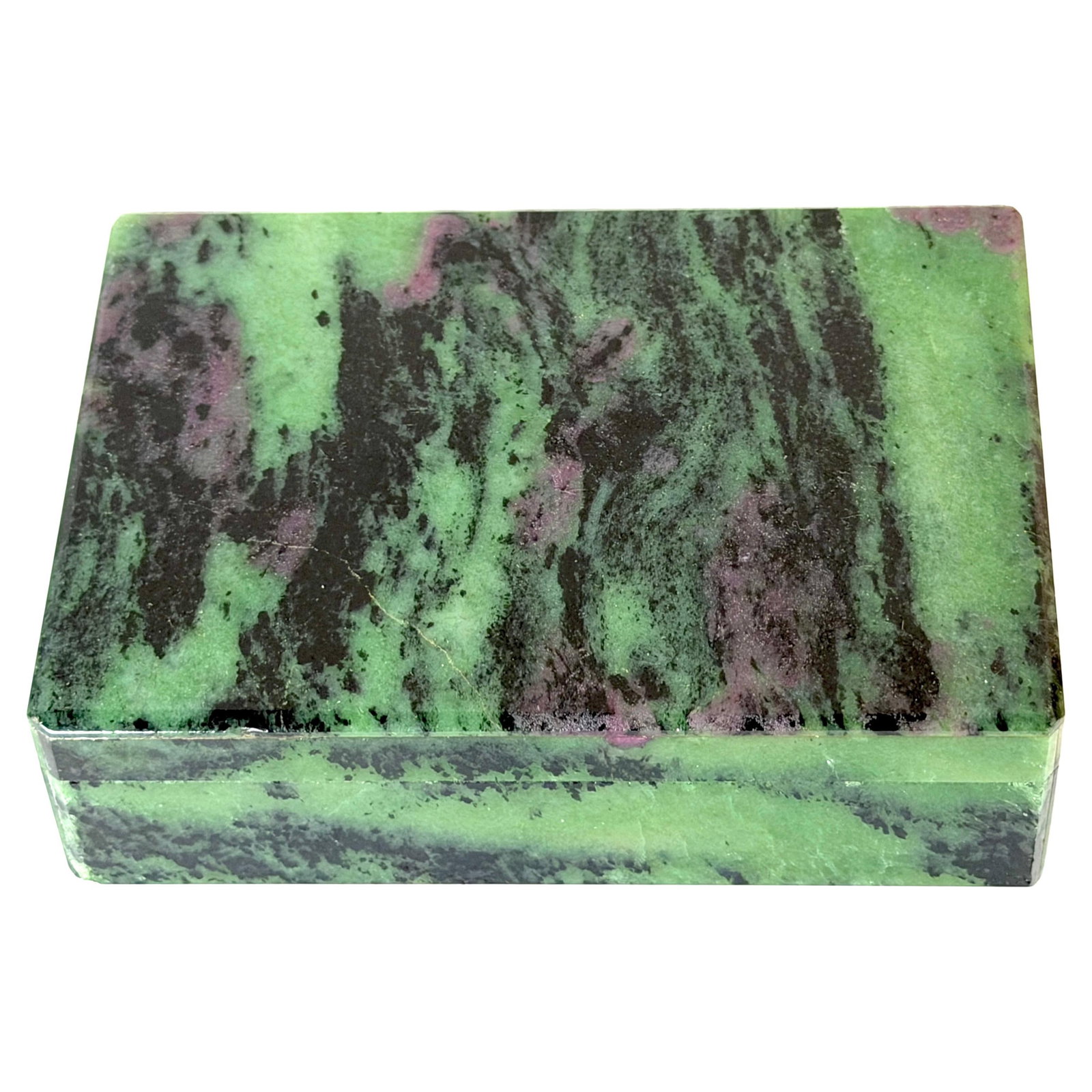Florentine Green and Plum Marble Box With Alabaster Lining 1970s: Florentine Green and Plum Marble Box With Alabaster Lining 1970s This elegant Italian decorative box is crafted from richly veined green specimen marble with subtle plum-purple inclusions, creating a 