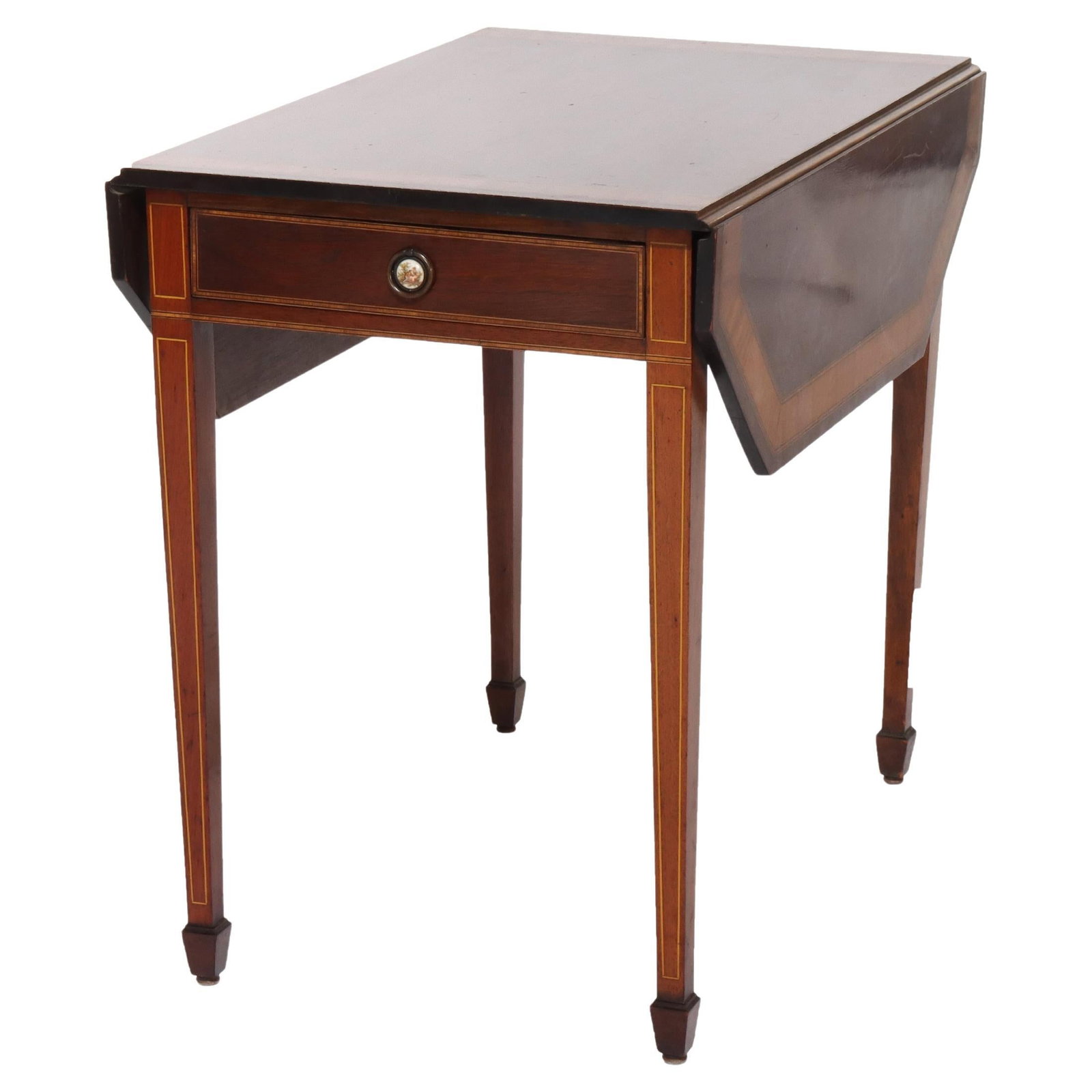 Mahogany Inlaid Drop Leaf Table with Banded Detail Circa 1920: Mahogany Inlaid Drop Leaf Table with Banded Detail Circa 1920 This antique Pembroke style table, crafted circa 1920, showcases finely banded and inlaid mahogany. The design features drop leaves for ve
