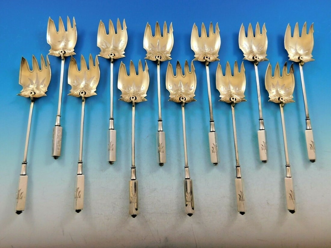 Gorham Isis Sterling Silver Set of 12 Terrapin Forks 6 1/4 inches: Gorham Isis Sterling Silver Set of 12 Terrapin Forks 6 1/4 inches Discover the exquisite Isis by Gorham Sterling Silver Flatware Set featuring 12 terrapin forks, each measuring 6 1/4 inches. This