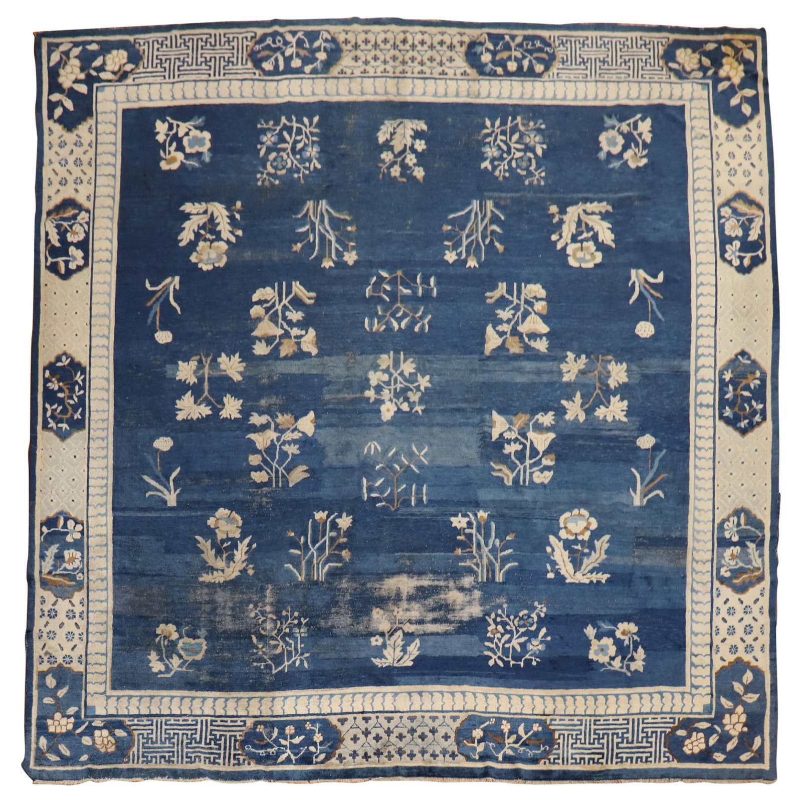 Rare Early 20th Century Hand-Woven Chinese Chinoiserie Rug 11' x 11'1": Rare Early 20th Century Hand-Woven Chinese Chinoiserie Rug 11' x 11'1" This striking early 20th-century Chinese square rug features a beautiful Chinoiserie style with a graphic floral motif in denim
