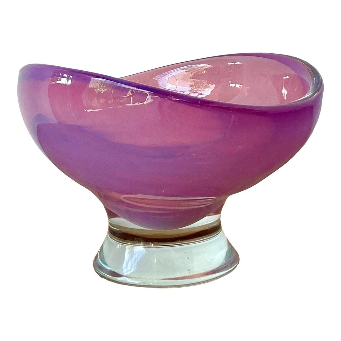 Amethyst Italian Art Glass Pedestal Bowl Murano Style Vintage: Amethyst Italian Art Glass Pedestal Bowl Murano Style Vintage This vintage Italian art glass bowl showcases mid-century Murano-style artistry with its elegant elongated elliptical form. Crafted from v