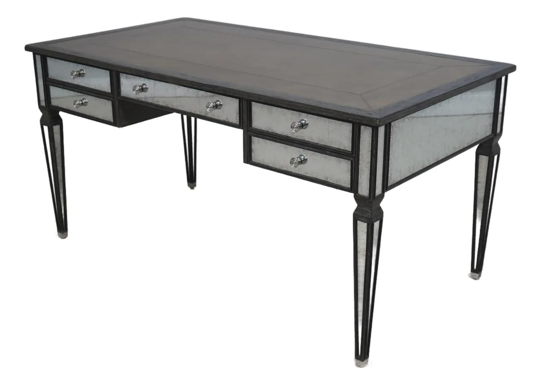Dorchester Collection Green Leather Desk with Mirrored Panels and Embossed Tooling: Dorchester Collection Green Leather Desk with Mirrored Panels and Embossed Tooling This impressive writing desk from the Theodore Alexander Dorchester Collection features a factory-distressed design i