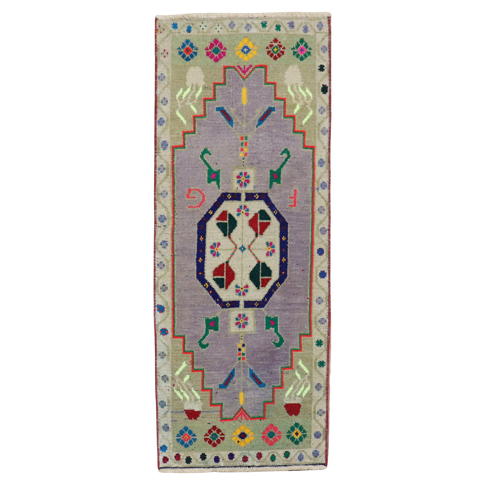 Unique Mid-Century Turkish Anatolian Hand-Woven Wool Rug 18x45 in: Unique Mid-Century Turkish Anatolian Hand-Woven Wool Rug 18x45 in Discover this unique mid-20th century quirky Turkish Anatolian mat rug, perfect for adding a touch of character to your space. Crafted