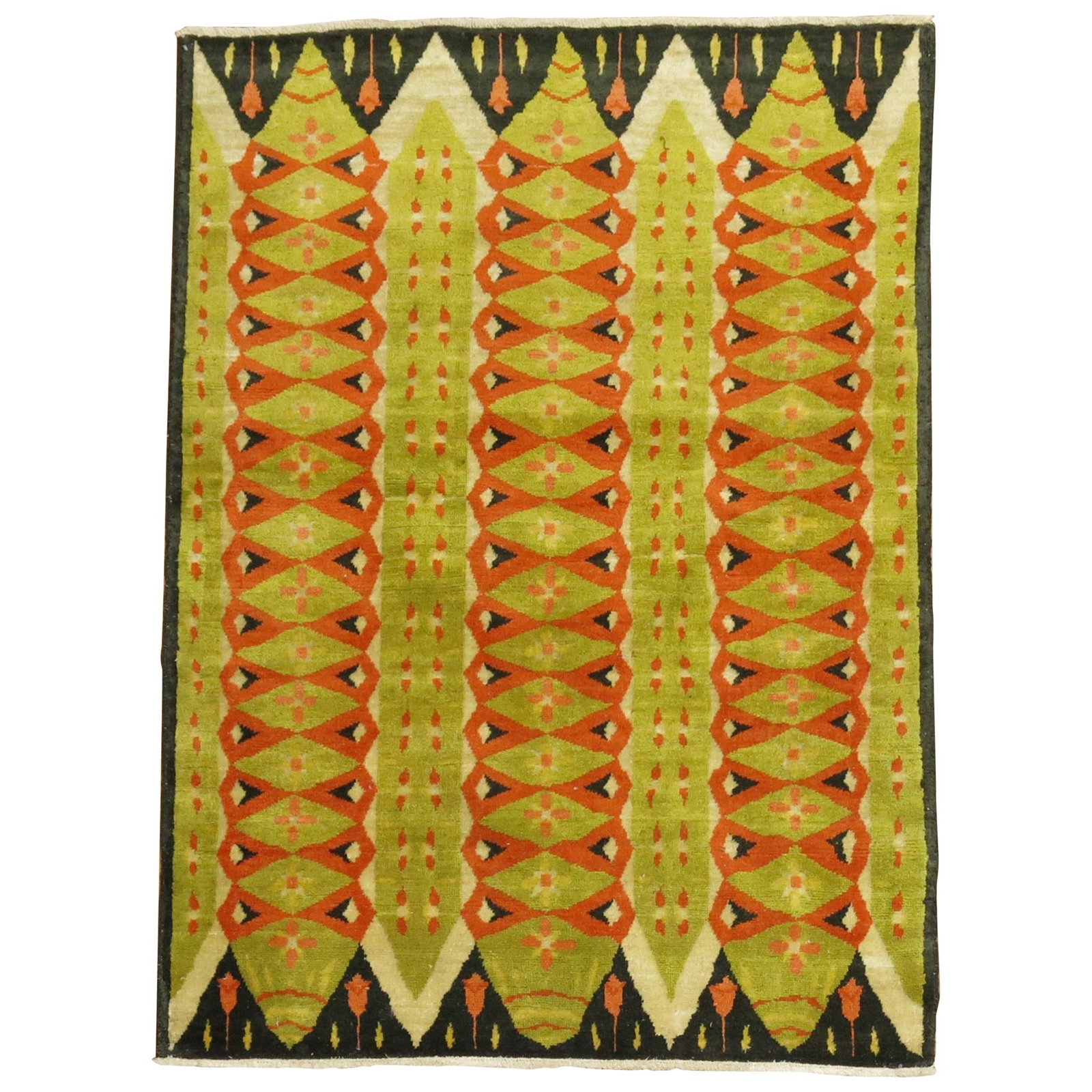 Mid-Century Modern Turkish Abstract Wool Rug Coral Green 37x50: Mid-Century Modern Turkish Abstract Wool Rug Coral Green 37x50 This stunning mid-20th century abstract Turkish rug showcases a unique blend of Art Deco and Scandinavian influences, featuring a vibrant