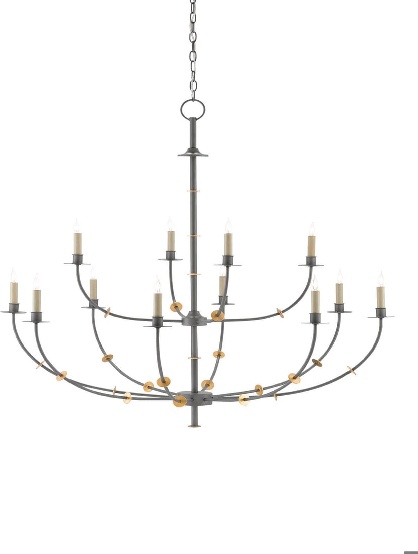 Currey Hiroshi Gray Balladier Chandelier 12 Bulb Wrought Iron: Currey Hiroshi Gray Balladier Chandelier 12 Bulb Wrought Iron Illuminate your space with the sophisticated Hiroshi Gray Balladier Chandelier, a stunning piece from Currey. This contemporary chandelier