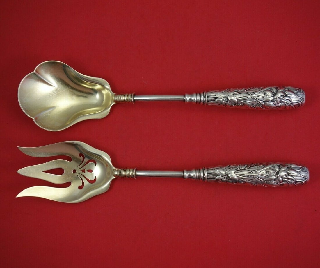 Gorham H 130 Sterling Silver Salad Serving Set 2pc Hand Cast Lilies (1 of 4)