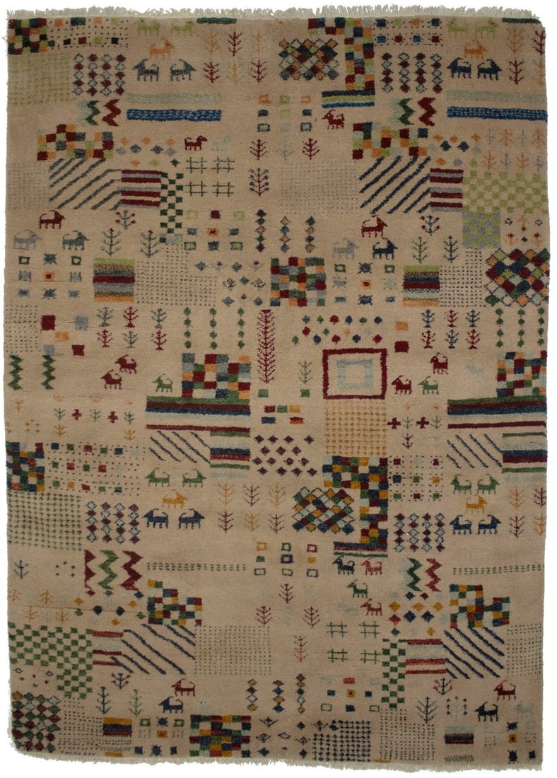 Handmade Indo-Gabbeh Wool Rug 5'6 x 7'10 Tribal Design Pinky Beige: Handmade Indo-Gabbeh Wool Rug 5'6 x 7'10 Tribal Design Pinky Beige Enhance your home decor with this stunning Handmade Indo-Gabbeh Oriental Rug. Measuring 5'6" x 7'10" (66" x 94"), this beautiful area