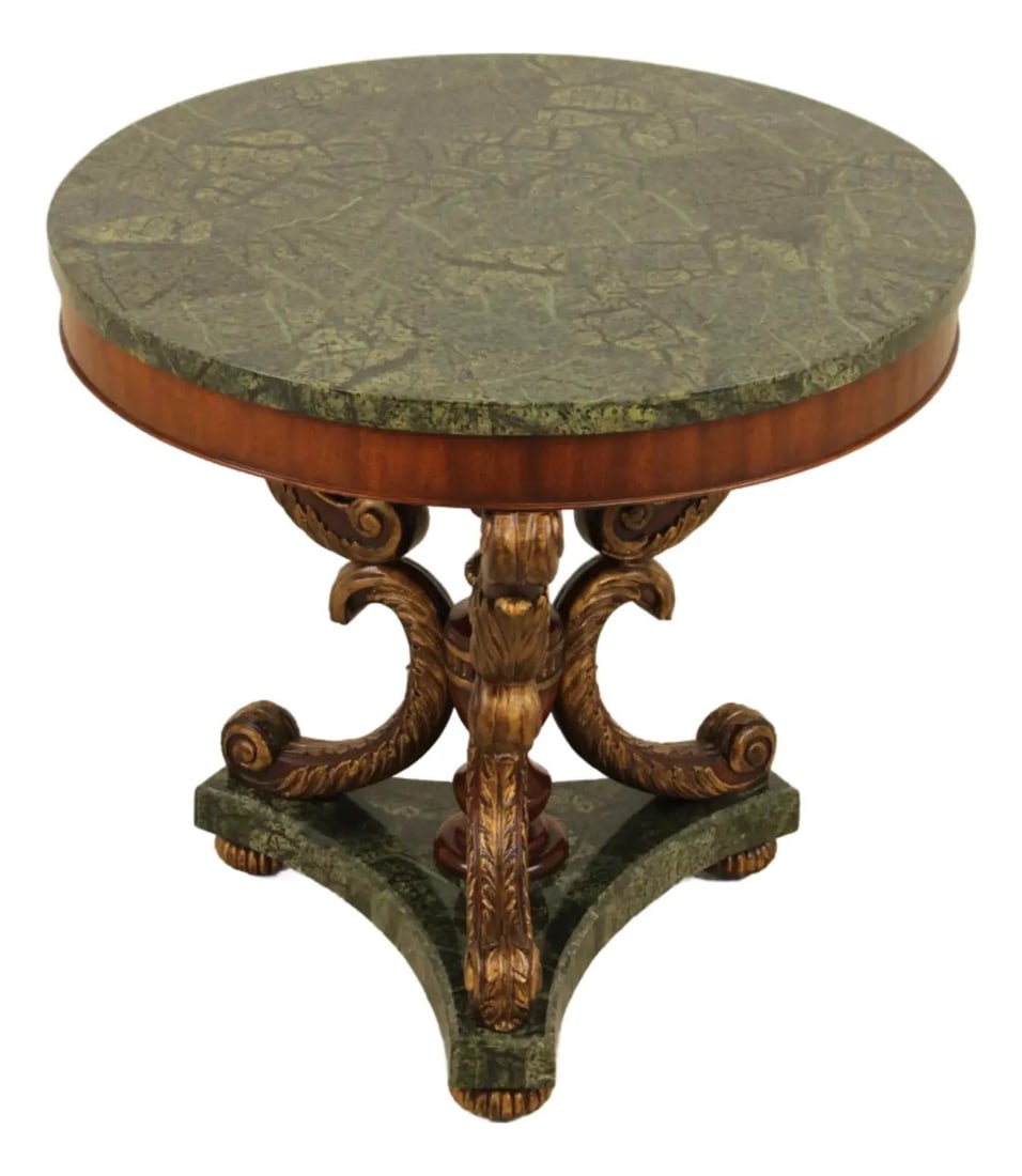 Green Marble Center Table with Mahogany Base in Louis XV Style: Green Marble Center Table with Mahogany Base in Louis XV Style This French Louis XV style center table features a round green marble overlay top and a marble platform base, complemented by a mahogany 
