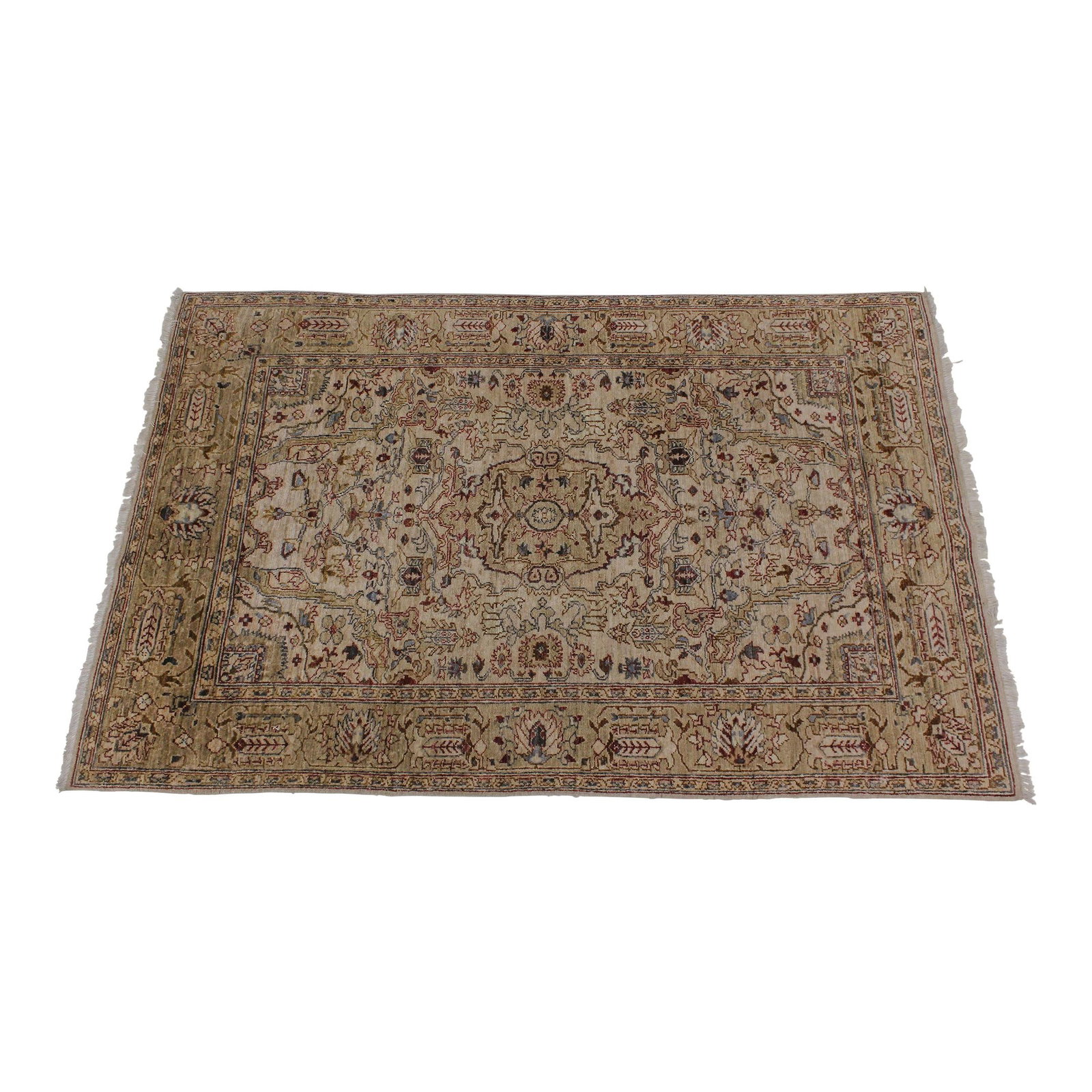 Vintage Hand Woven 4.5 x 6.5 Red Wool Area Rug: Vintage Hand Woven 4.5 x 6.5 Red Wool Area Rug This stunning hand-woven area rug measures approximately 4.5 x 6.5 feet and features a beautiful array of earth tone colors. Crafted from 100% wool, this