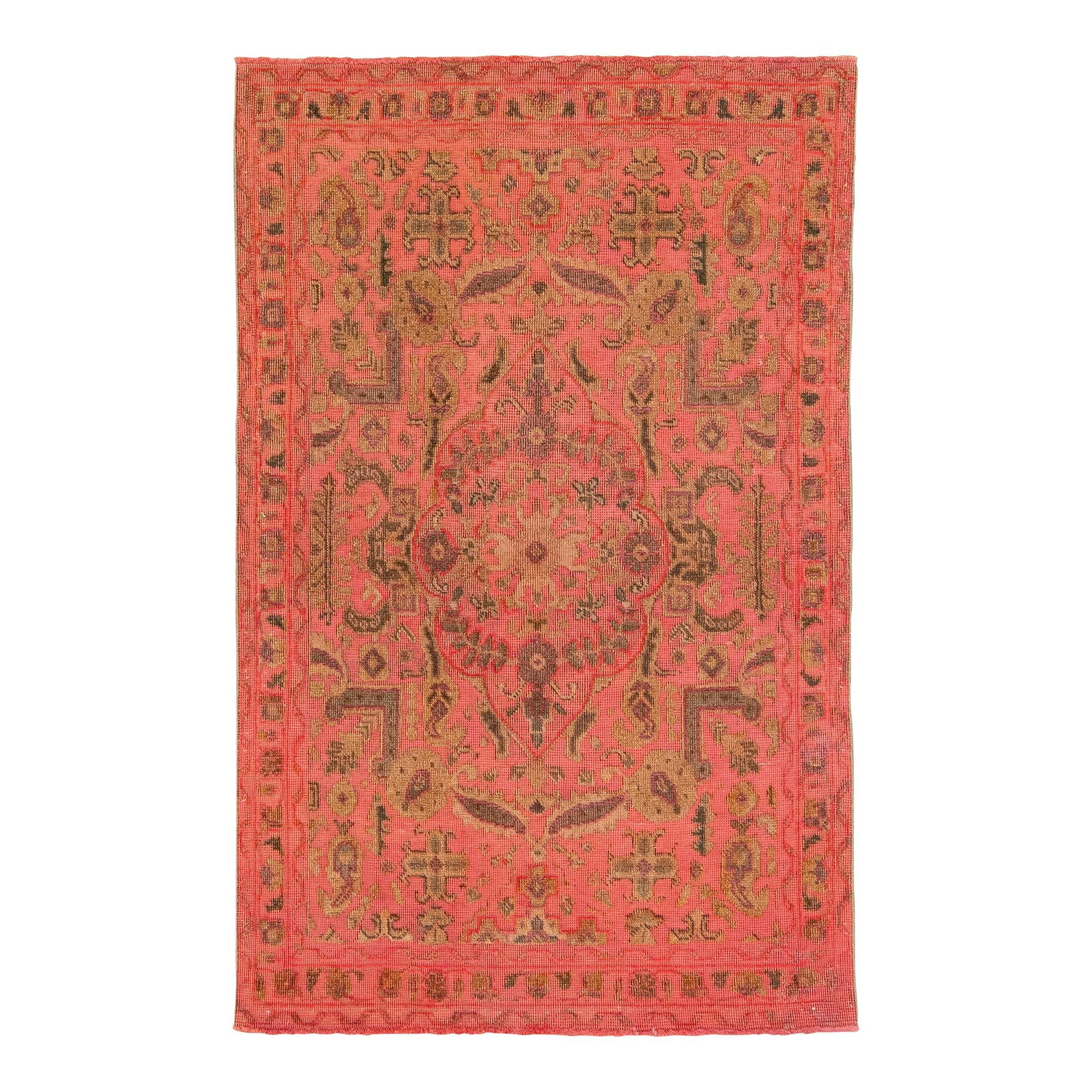 Vintage Persian Wool Rug Pink Floral Motif 3'1" x 4'11": Vintage Persian Wool Rug Pink Floral Motif 3'1" x 4'11" Enhance your space with this stunning vintage overdyed Persian wool rug, featuring a vibrant pinkish-orange field adorned with charming brown fl