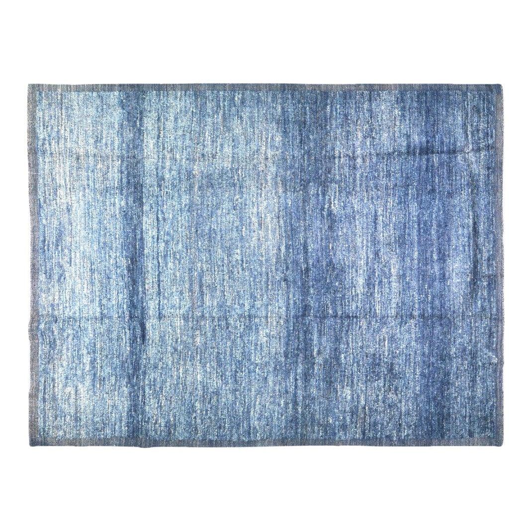 Blue Wool Azilal Rug Hand Knotted Moroccan 8'4" x 10'9": Blue Wool Azilal Rug Hand Knotted Moroccan 8'4" x 10'9" This Moroccan Azilal rug is hand knotted from wool and features a solid blue design. It is in pre-owned condition and showcases traditional craf
