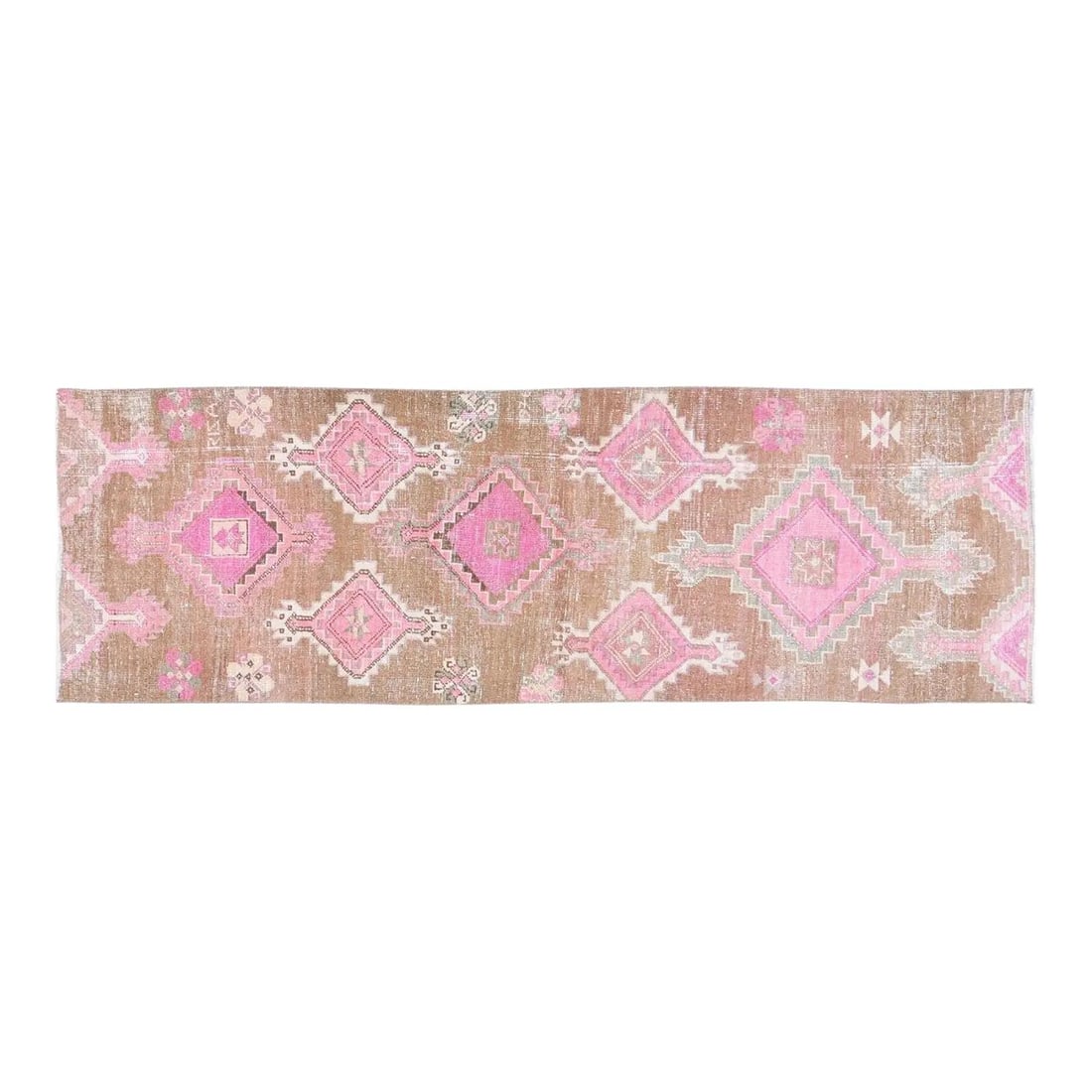 Turkish Tars Wool Runner Rug Hand Knotted 3'1 x 9'9 Pink: Turkish Tars Wool Runner Rug Hand Knotted 3'1 x 9'9 Pink This vintage Turkish Tars rug is hand-knotted from wool using traditional techniques, blending timeless craftsmanship with modern design sensib
