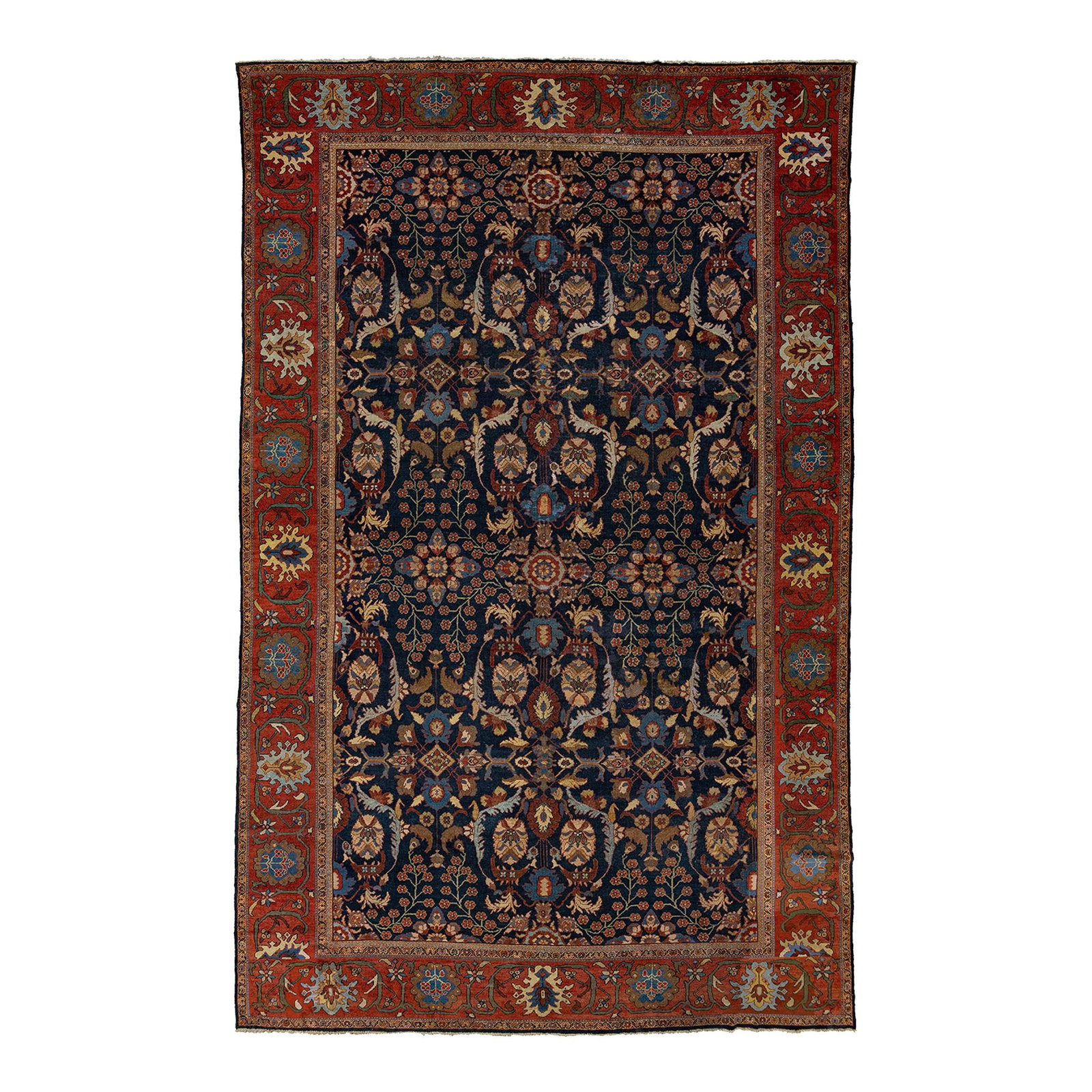 1880s Antique Persian Sultanabad Wool Rug Blue Floral 13'4 x 22: 1880s Antique Persian Sultanabad Wool Rug Blue Floral 13'4 x 22 This exquisite 1880s Antique Floral Persian Sultanabad Wool Rug showcases a rich navy blue field adorned with vibrant multicolor floral 